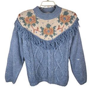 Vtg 1990 Nuggets Pullover Sweater Sz M Blue Floral Open Knit Fringe Cable Knit